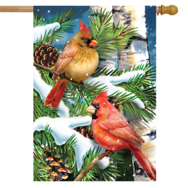 Briarwood Lane Snowy Cardinals house flag with male and female cardinals on pinecones and fir.