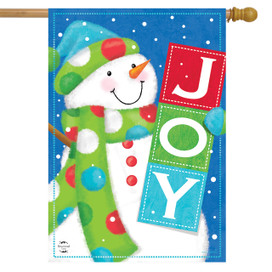 Briarwood Lane small printed house flag with cheerful snowman in polka dots hat and scarf.