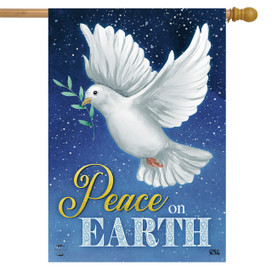 Briarwood Lane Christmas house flag with white dove, olive branch, and Peace on Earth text.
