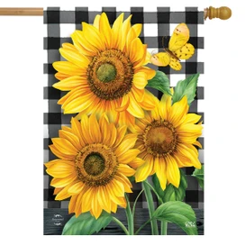 Briarwood Lane checkered sunflowers house flag, colorful springtime decor for porch, yard, or patio display.