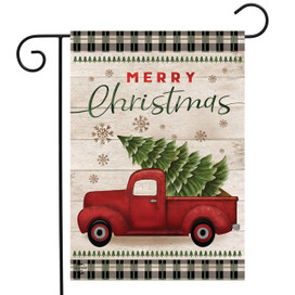 Briarwood Lane Merry Christmas garden flag with red truck, spruce, and checkered border design.