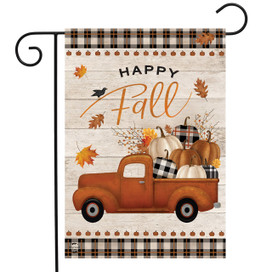 Briarwood Lane Happy Fall Pickup Truck garden flag with colorful, printed, decorative autumn design and cheery text.