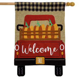Briarwood Lane printed fall house flag with colorful truck, gourds, and welcome message on burlap.
