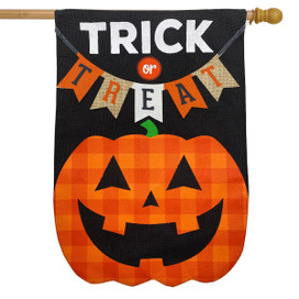 Briarwood Lane small printed Trick Or Treat pumpkin burlap Halloween house flag with colorful jack o'lantern.