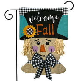 Briarwood Lane Welcome Fall scarecrow garden flag with straw hat and checkered bow, colorful autumn decor.