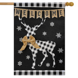 Briarwood Lane checkered deer flag with welcome banner, snowflakes, and bow, black and white plaid.