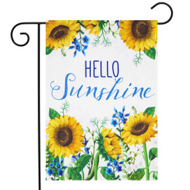 Briarwood Lane Hello Sunshine small printed garden flag with colorful sunflowers and blue flowers design.