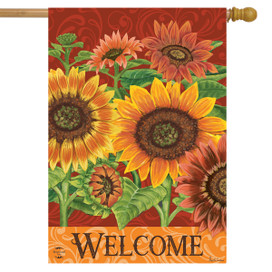 Briarwood Lane colorful welcome house flag with bright floral sunflowers for autumn seasonal porch display.