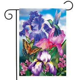 Briarwood Lane Irises Spring Garden Flag with colorful, cheery springtime flowers and hummingbird design.
