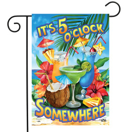 Briarwood Lane 5 O'Clock Cocktails garden flag with colorful cocktails, umbrella, and tropical flowers on sand.