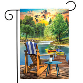 Briarwood Lane Lakeside Escape garden flag with colorful springtime scene on small printed decorative fabric.