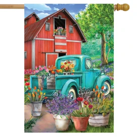 Briarwood Lane Farm In Spring House Flag with colorful flowers and red barn design.