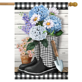Briarwood Lane checkered garden boots house flag with colorful flowers and gardening tools on black boots.