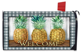 Briarwood Lane checkered pineapple mailbox cover with three pineapples and welcome text on gray plaid background.