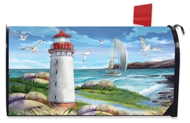 Briarwood Lane Coastal Lighthouse Summer Mailbox Cover with sailboat and seagulls on a serene coastal scene.