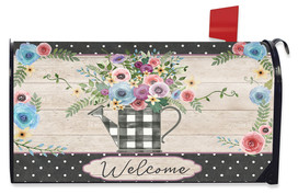 Briarwood Lane Buffalo Check Watering Can Mailbox Cover with colorful flowers and welcome sign design.