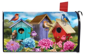 Briarwood Lane Colorful Birdhouses Spring Mailbox Cover with vibrant birds and flowers design.
