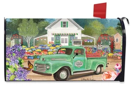 Briarwood Lane Flower Farm Spring Mailbox Cover with green truck and colorful flowers design.