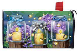 Briarwood Lane Fireflies Spring Mailbox Cover with candles, fireflies, and purple flowers in glass jars.