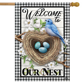 Briarwood Lane Welcome To Our Nest house flag with bird, nest, eggs, and floral design.