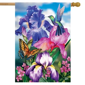 Briarwood Lane Irises Spring House Flag with colorful hummingbird, butterfly, purple and pink irises flowers design.