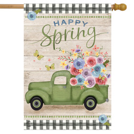 Briarwood Lane Happy Spring green pickup truck house flag with colorful flowers and butterflies design.