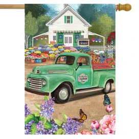 Briarwood Lane Flower Farm Spring House Flag with green truck and colorful flowers design.