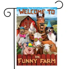 Briarwood Lane Funny Farm garden flag with colorful animals and festive summer decor on small printed fabric.