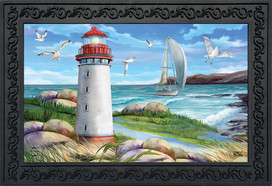 Briarwood Lane Coastal Lighthouse Nautical Doormat with sailboat and seagulls on a scenic coastal background.