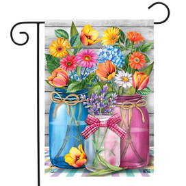 Briarwood Lane spring floral garden flag with colorful jars and flowers for porch and yard display.