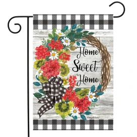 Briarwood Lane small printed garden flag with colorful geranium wreath and Home Sweet Home porch decor.