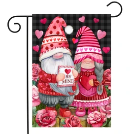Briarwood Lane Valentine's Gnomes Garden Flag with pink hearts and roses for a romantic February display.