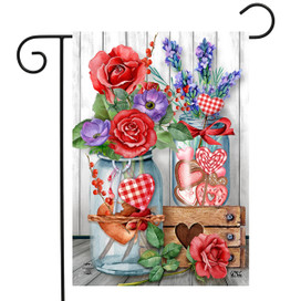 Briarwood Lane Love Filled Mason Jars Valentine's Day flag with hearts, pink roses, and colorful design.