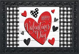 Briarwood Lane Checkered Valentine Doormat with pink and red hearts and Happy Valentines Day text.