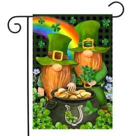 Briarwood Lane Irish Gnomes St. Patrick's Day garden flag with gold accents and shamrock design.