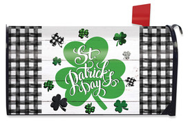 Briarwood Lane Checkered St. Pat's Shamrocks Mailbox Cover with green shamrock and St. Patrick's Day text.