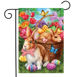 Briarwood Lane Bunnies and Basket Easter Garden Flag with colorful eggs and spring flowers decoration.