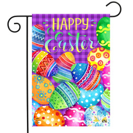 Briarwood Lane colorful Happy Easter garden flag with decorated eggs on vibrant purple background displayed outdoors.