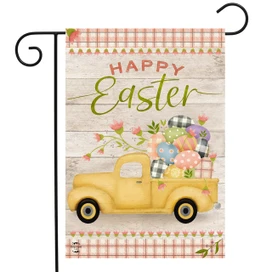 Briarwood Lane small printed Easter Egg Pickup Holiday Garden Flag with colorful Easter design on truck.