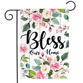 Briarwood Lane small, printed, colorful garden flag with floral design and Bless Our Home text.
