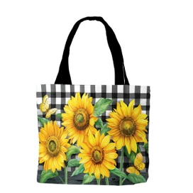 Briarwood Lane small printed tote bag with colorful sunflowers and checkered pattern for spring summer vacation.