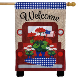 Briarwood Lane Red Truck Burlap Patriotic House Flag with American flag and stars and stripes.