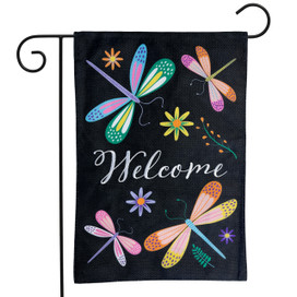 Briarwood Lane colorful dragonfly garden flag with welcome text, vibrant spring design on burlap background.
