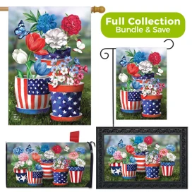 Briarwood Lane America In Bloom garden flag, doormat, and mailbox cover decorative bundle set with flowers.