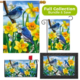 Briarwood Lane Bluebirds And Daffodils garden flag set with bluebirds and yellow flowers decorative bundle.