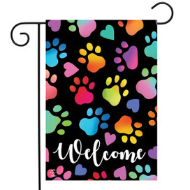 Briarwood Lane Rainbow Pawprints Welcome Garden Flag with colorful paw prints and hearts on black background.