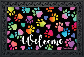 Briarwood Lane Rainbow Pawprints Welcome doormat with colorful paw print design and heart shapes.