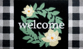 Briarwood Lane Magnolia Wreath Natural Fiber Coir Doormat with checkered border and welcome flowers design.