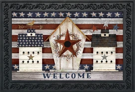 Briarwood Lane Rustic American Birdhouse Primitive Doormat with patriotic stars and welcome message on rustic background.