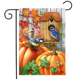 Briarwood Lane Fall Beauty Birds Garden Flag with pumpkins, blue birds, and birdhouse design.